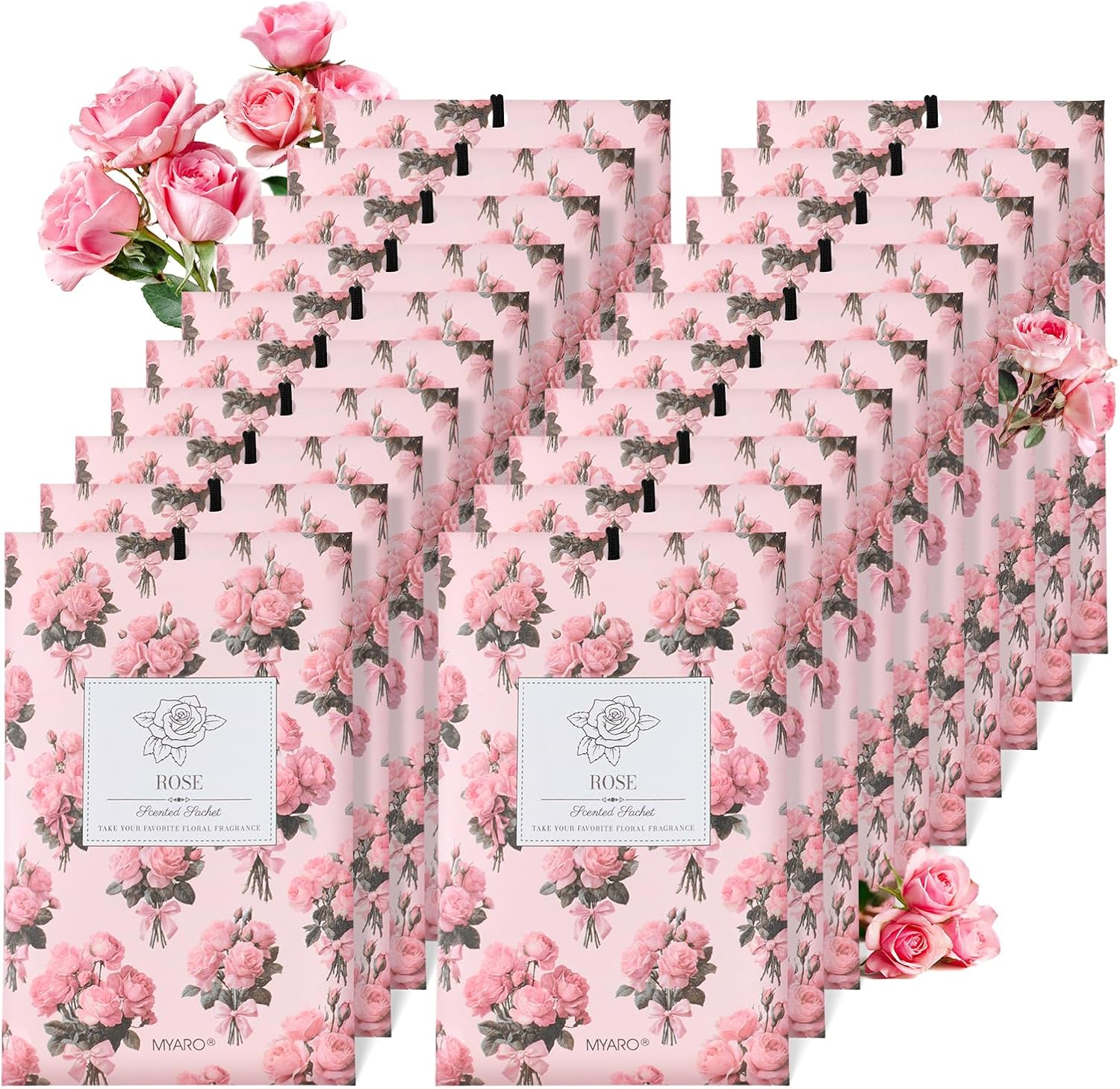 MYARO 20 Pack Rose Scented Sachets for Drawer, Closet & Car - Fresh Air Freshener Bags Home Fragrance, Odor Eliminator for New House Small Storage Space & Travel Luggage