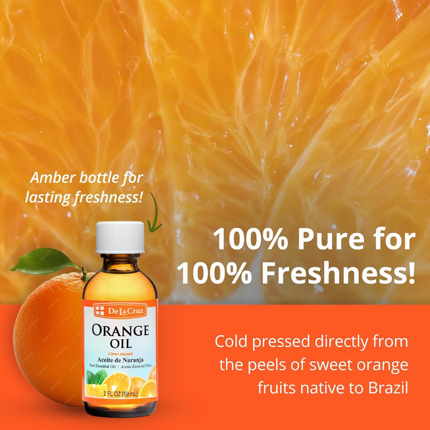 De La Cruz Pure Orange Oil - 100% Pure Cold Pressed Orange Essential Oil for Diffuser - 2 Fl OZ (1 Bottle)