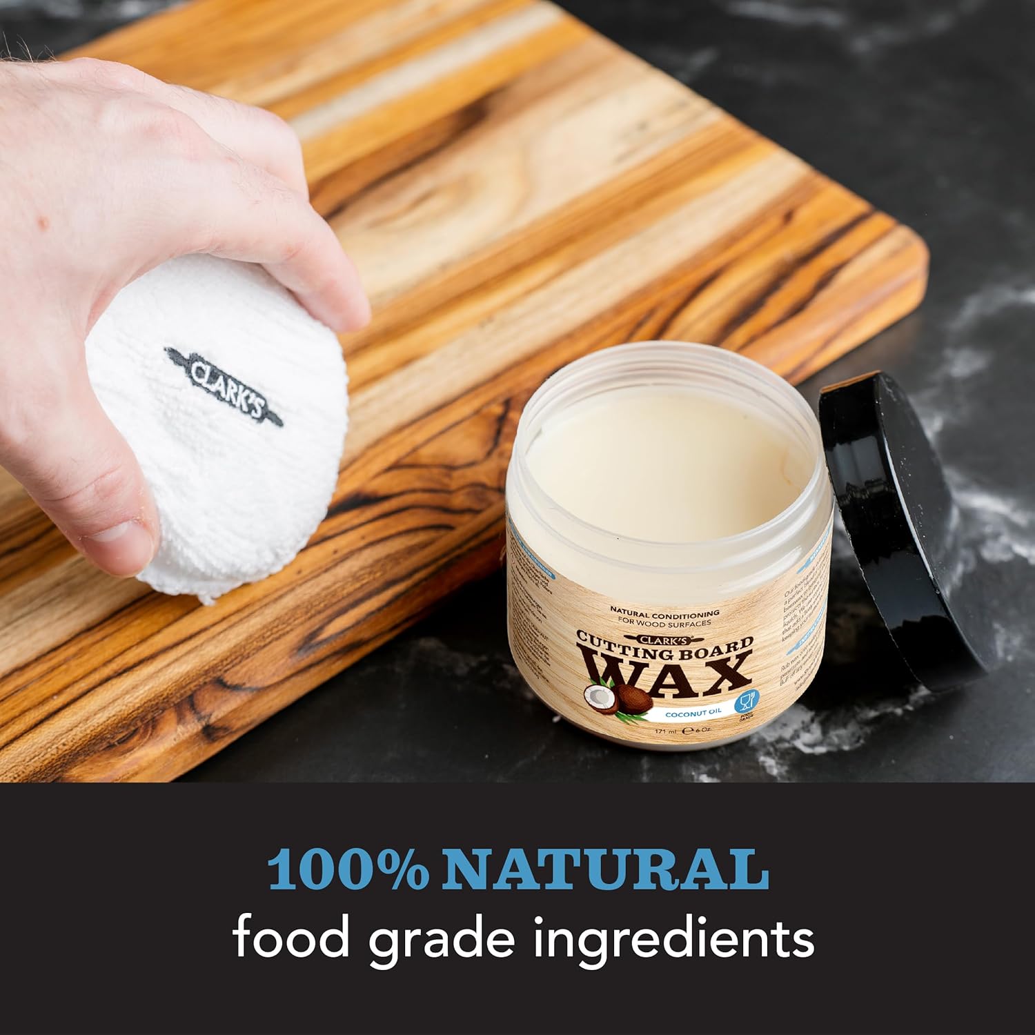 CLARK'S Cutting Board Wax - 2-in-1 Wood Butter & Organic Coconut Oil with Beeswax for Wooden Kitchen Utensils – Butcher Block Conditioner for Charcuterie & Cutting Boards – Made in USA, 6oz