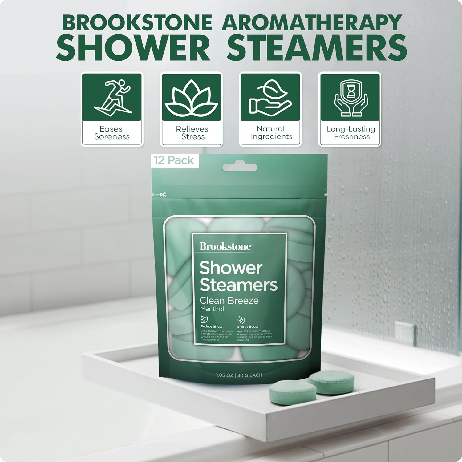 Brookstone Shower Steamers Aromatherapy 12 Tablets - Christmas Stocking Stuffers for Men, Birthday Gifts for Women, Green Elephant, Relaxation, Self Care - Shower Steamers Clean Breeze