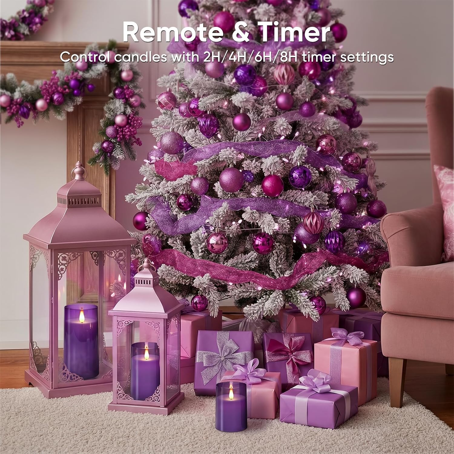 Homemory Purple Flameless Candles, Flickering Battery Operated LED Pillar Candles with Remote Timer, Acrylic Violet Fake Candles, Decorative Candles for Home Wedding Party Halloween Decor, Set of 3