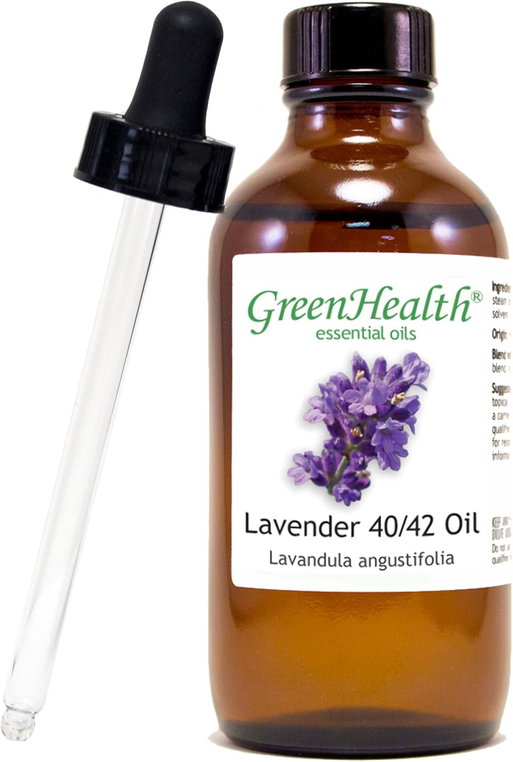 Lavender 40-42 – 4 fl oz (118 ml) Glass Bottle w/Glass Dropper – 100% Pure Essential Oil – GreenHealth