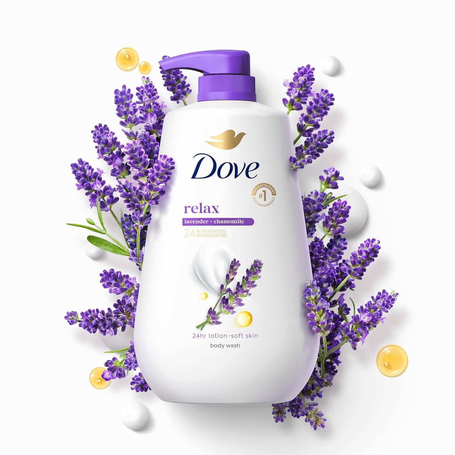 Dove 24hr Lotion Body Wash Relax Lavender Oil & Chamomile, 30.6 oz | Hydrating body wash with MicroMoisture and a calming lavender and chamomile scent