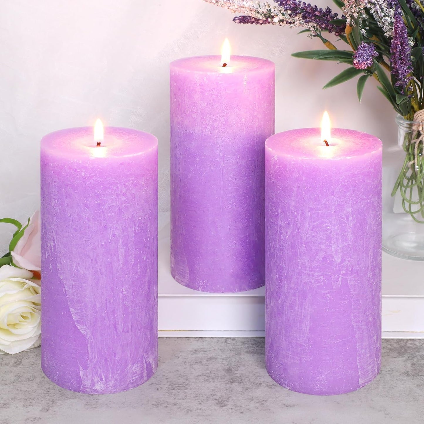 Lavender Scented Pillar Candles, Purple Burning Candle Set of 3, Dripless, Smokeless and Large Wax Candle for Wedding, Home Decoration, Parties, Spas, Dinner