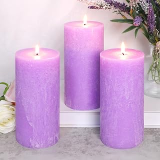 Lavender Scented Pillar Candles, Purple Burning Candle Set of 3, Dripless, Smokeless and Large Wax Candle for Wedding, Home Decoration, Parties, Spas, Dinner