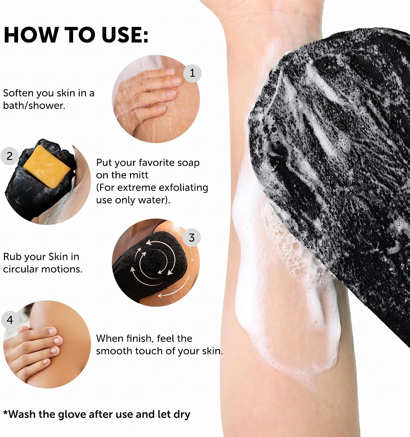 Valitic Exfoliating Glove Body Scrubber - Exfoliating Mitt Dead Skin Remover, Shower Face and Body Exfoliator - Korean Style Skin Scrubber Washcloth - Spray and Self Tan Remover, Pair Black