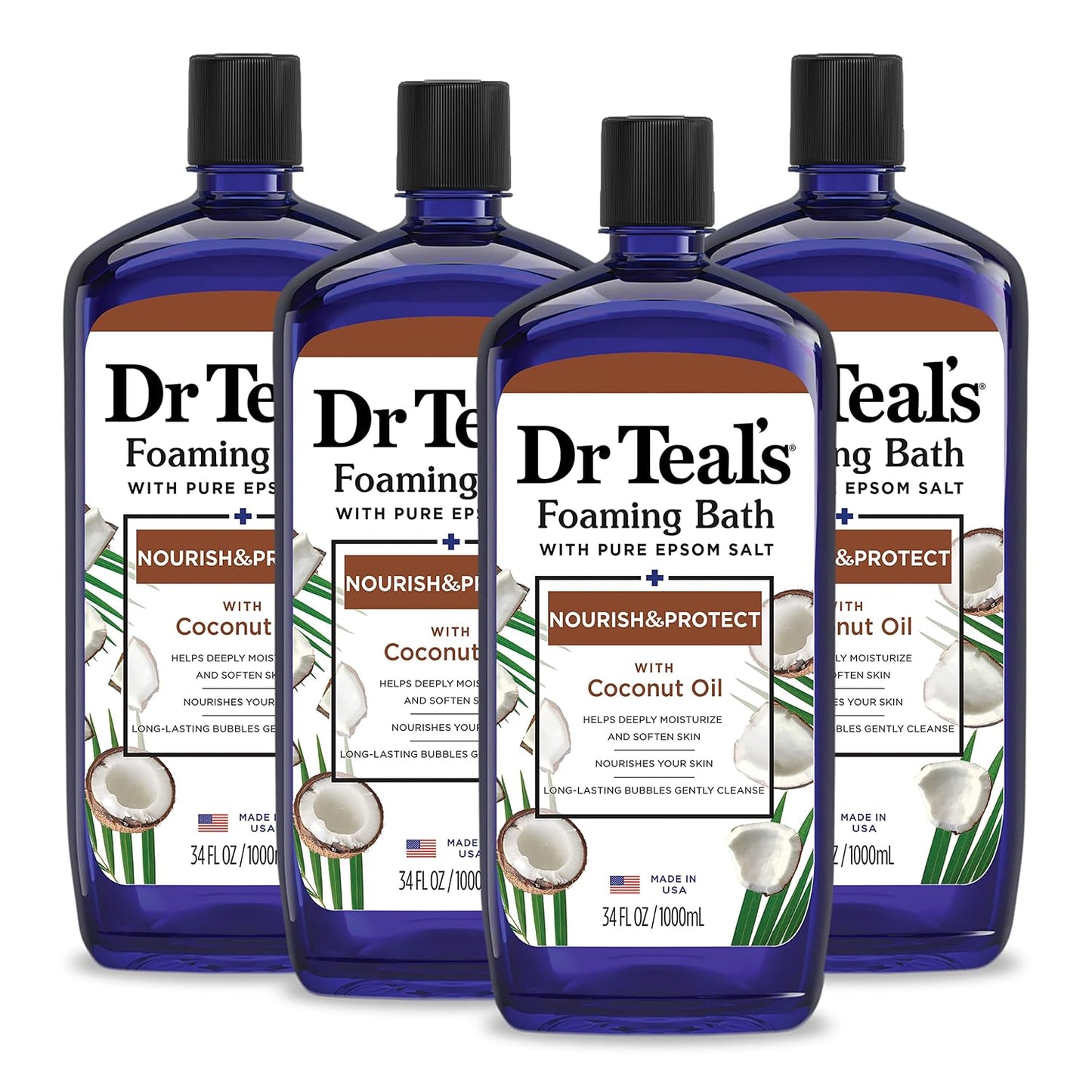 Dr Teal's Foaming Bath with Pure Epsom Salt, Nourish & Protect with Coconut Oil, 34 fl oz (Pack of 4)