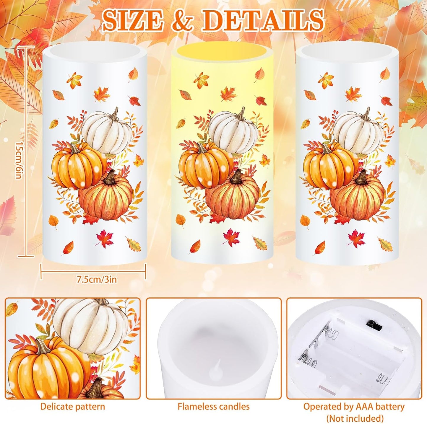 Whaline Fall LED Flameless Candles Orange Pumpkin Warm Light Battery Operated Pillar Candles Autumn Electric Flickering Candle for Thanksgiving Party Home Decor, Set of 3