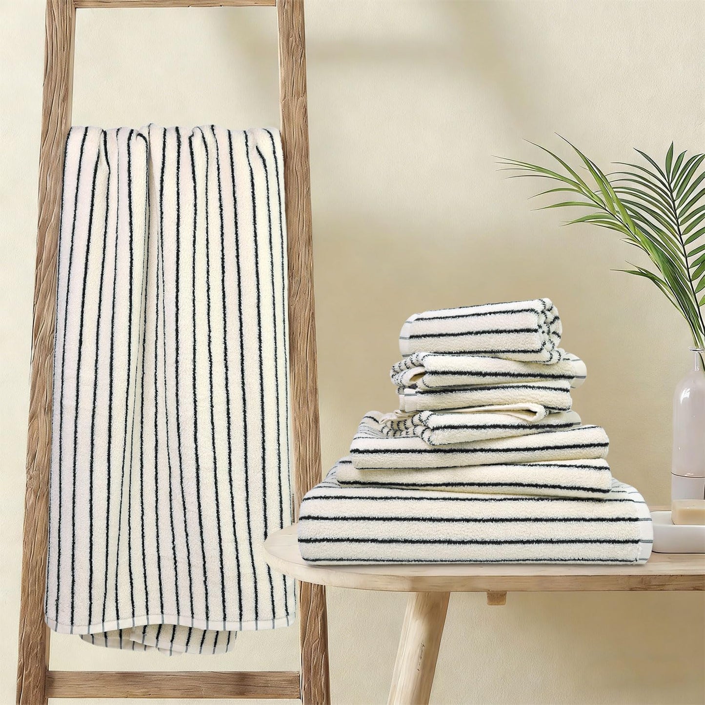Jacquotha 8 Piece Black and Ivory Towel Set, Super Soft & Absorbent Cotton Striped Towels for Bathroom Decor, 2 Bath, 2 Hand, 4 Washcloths