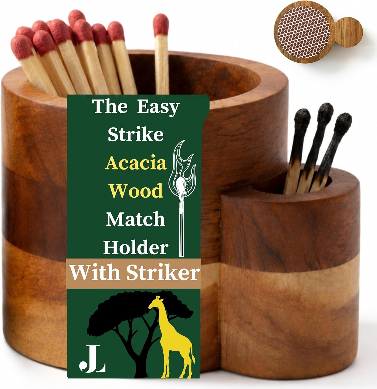 The Easy Strike Acacia Wood Match Holder with Striker & Extra Striker Pad - 3.25" x 2" Decorative Matchstick Organizer for Fireplace, Candles, Home Decor Gift, Matches Not Included (1 Pcs)