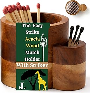 The Easy Strike Acacia Wood Match Holder with Striker & Extra Striker Pad - 3.25" x 2" Decorative Matchstick Organizer for Fireplace, Candles, Home Decor Gift, Matches Not Included (1 Pcs)