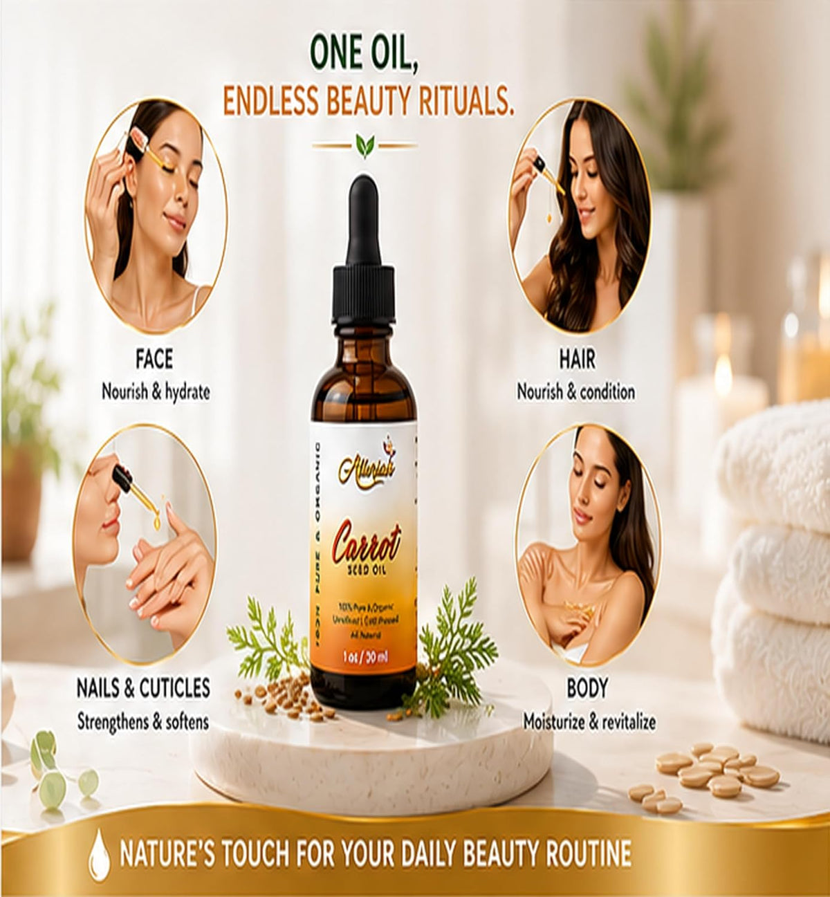 Allurials Carrot Seed Oil – 100% Pure &amp; Organic, Unrefined, Cold Pressed, All Natural, aceite de zanahoria - Daucus Carota- Essential Carrot Moisturizer for Skin, Face and Hair Growth (1 Oz)