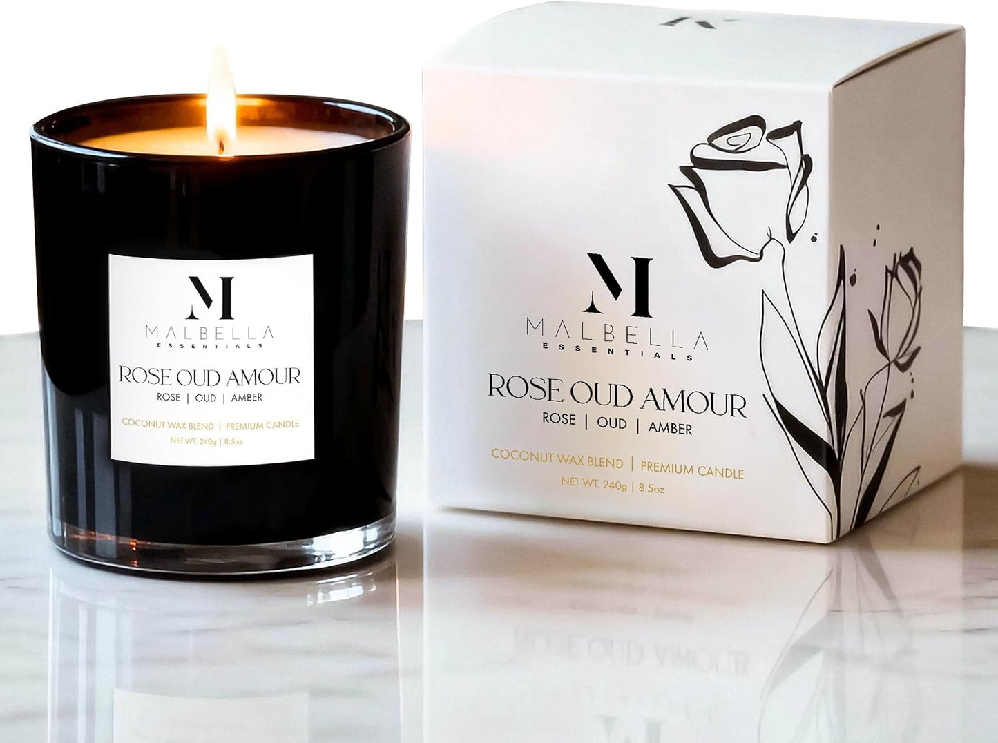 Rose Oud Amour Luxury Scented Candle for Women & Men | 8.5 oz Hand-Poured Coconut Wax Blend | Modern Self-Care Aromatherapy Candle | 50 Hr Burn | Gift-Ready Glossy Glass Vessel