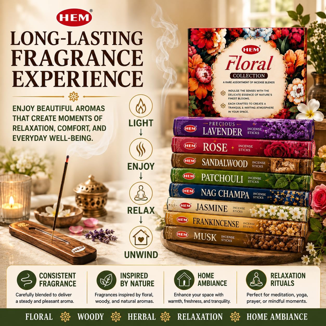 Hem Incense Sticks Assorted Floral Pack (6 Sets x 20 Sticks) with Incense Stick Holder 120 Sticks Total | Patchouli French Vanilla Gardenia Jasmine Rose Precious Lavender