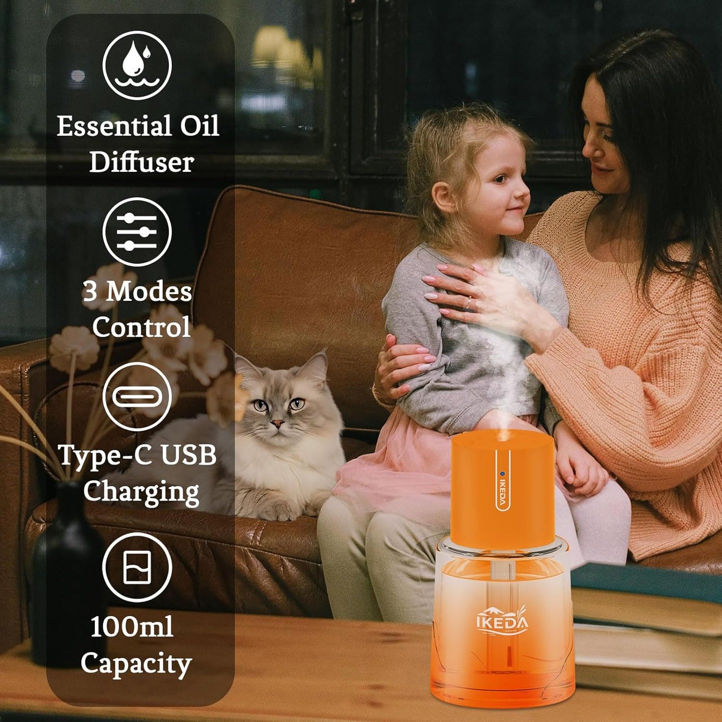 Ikeda Car Diffusers for Essential Oils,100ml Glass Car Essential Oil Diffuser, Smart Car Air Freshener with 3 Adjustable Modes, Auto On/Off & 300mAH Battery Operated Car Aroma Diffuser, Orange