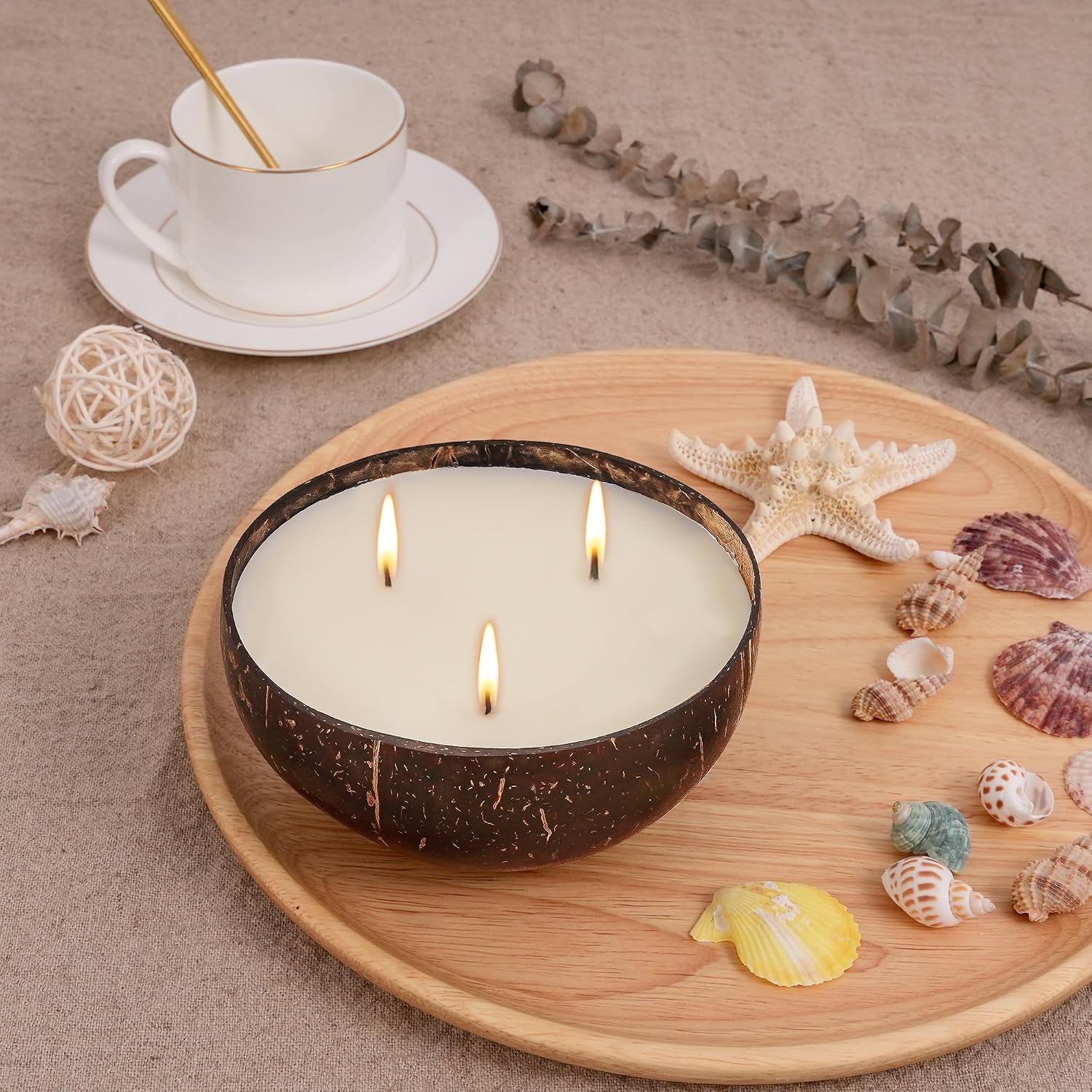 Viyffo Large Non Toxic Soy Candle - Spring Forest & Sage, 18oz 3 Wick Scented Candle for Women & Men, Natural Coconut Shell Jar Perfect for Home Decor & Unique Nature Gift