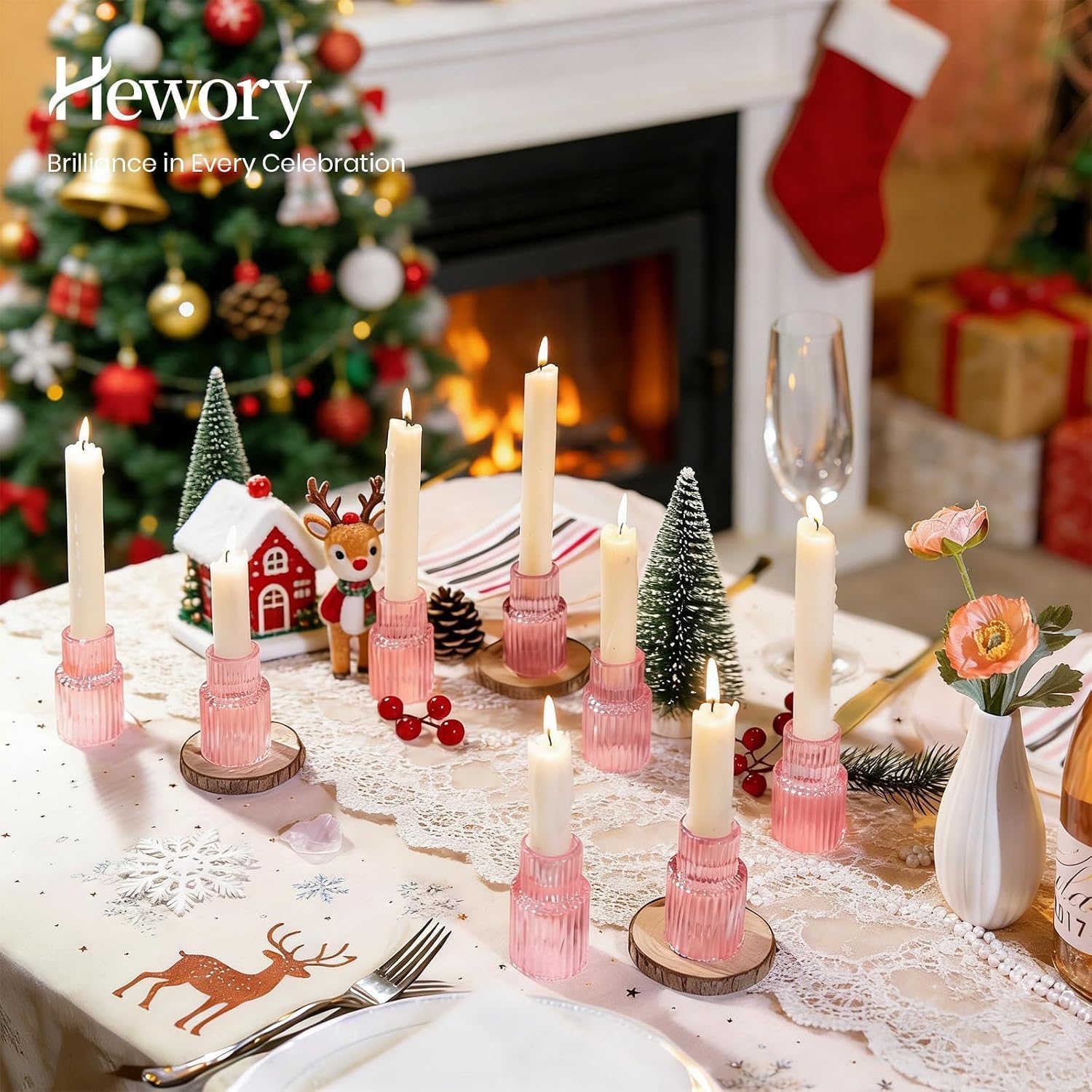 Hewory Glass Pink Candle Holder: 10PCS Valentines Taper Candle Holders for Table Centerpiece, Tapered Candlestick Holders for Valentines Day Decorations Gifts Anniversary Wedding Holiday Home Decor