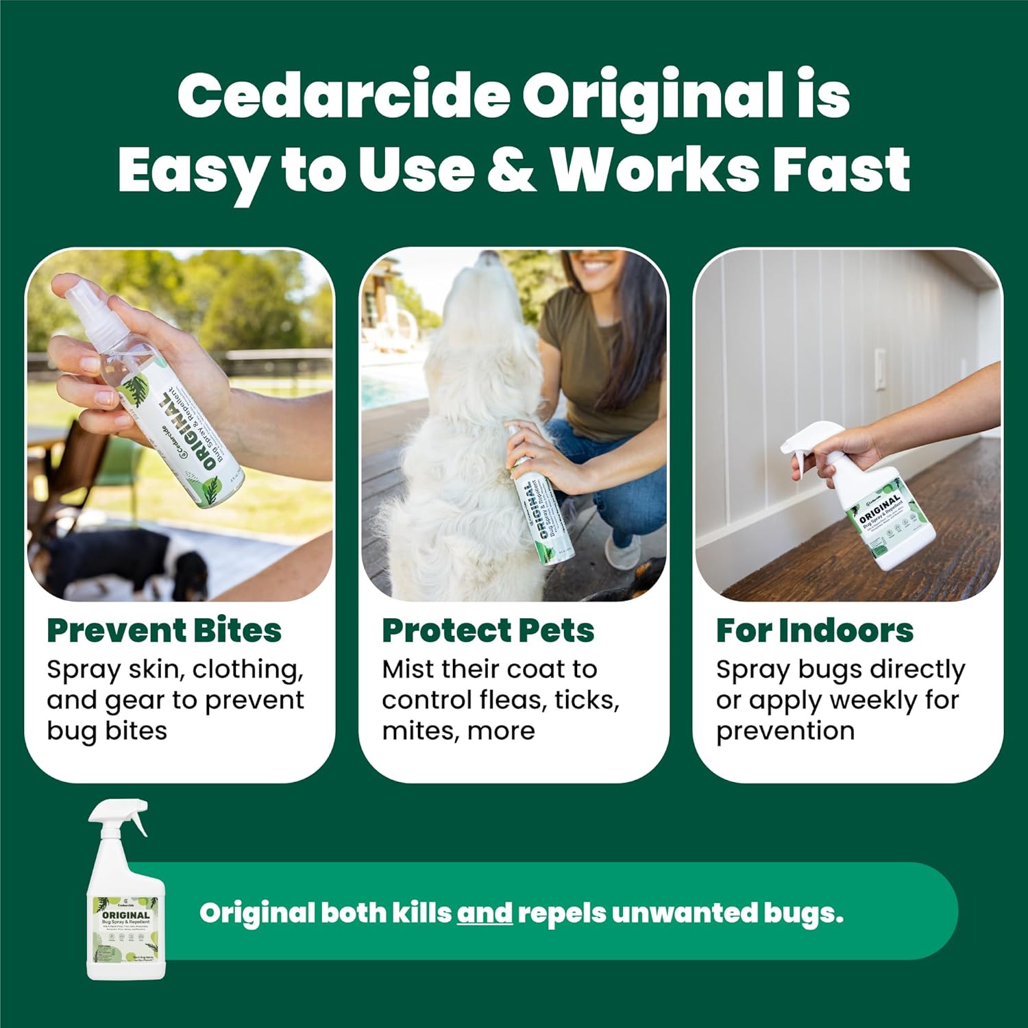 Cedarcide Original Bug Spray | Repel & Kill Fleas, Ticks, Mosquitoes, Mites, Ants & Chiggers | for use on People, Pets & Home | Natural Cedar Oil | Eco-Friendly | Quart