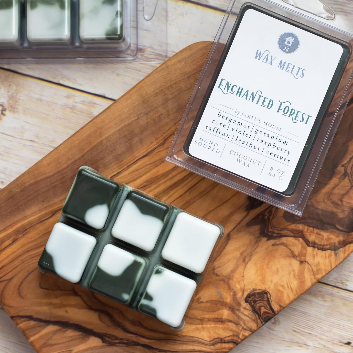 Enchanted Forest Wax Melts | Black Violet Saffron Amber Floral Blend Scent Clamshell Pack of 6 Cubes | Dark Green White 3 oz | Valentines Day Gift