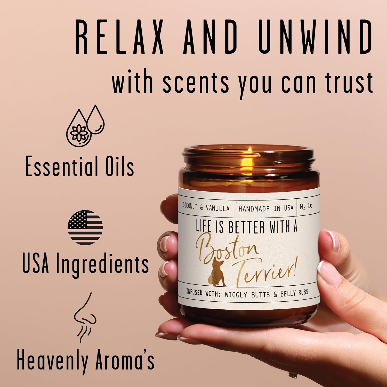 Boston Terrier Gifts for Women - 'Life is Better with a Boston Terrier' Candle, w/Vanilla, Coconut & Citrus - Infused w/Essential Oils I Boston Terrier Decor I 50Hr Burn, USA Made