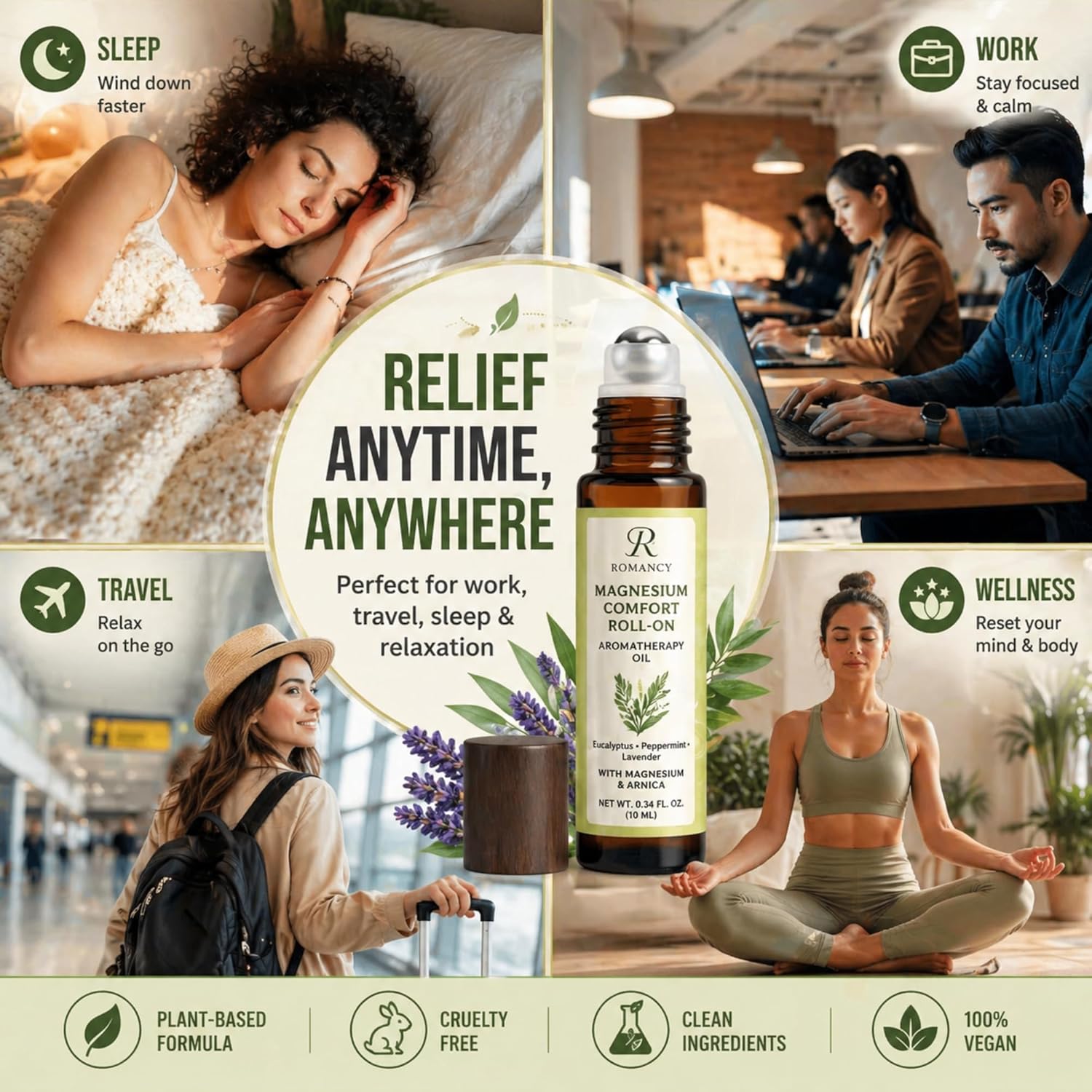 Migraine Relief Roll-On for Headache Relief with Magnesium & Arnica – Peppermint, Lavender & Eucalyptus Essential Oils – Cooling Aromatherapy Oil for Stress, Tension & Sinus Support – 10ml