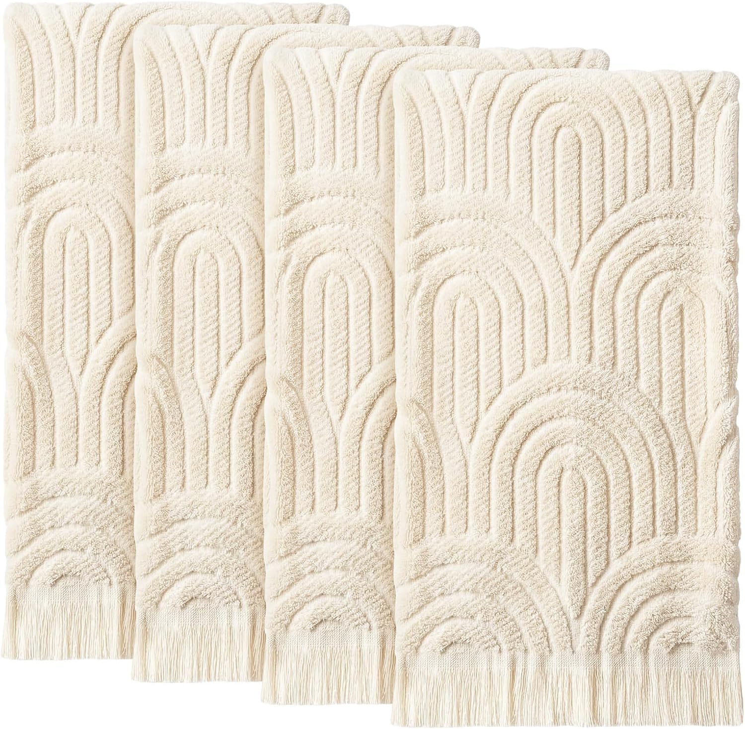Tingjoo Decorative Hand Towels Bathroom 4 Pack Soft Boho Cotton Turkish Absorbent Face Towel Set for Boho Bathroom Decor Soft Kitchen Hotel Spa Farmhouse Guest Tea Gift(Beige)
