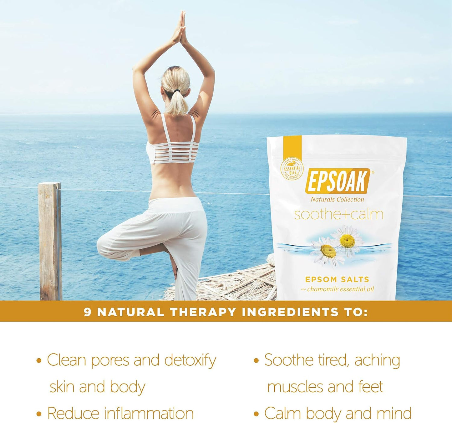Epsoak Epsom Salt 2 lb. USP Magnesium Sulfate with Soothing + Calming Scent with Chamomile Resealable Epsom Salt Bag, Made in The USA, Cruelty-Free Certified