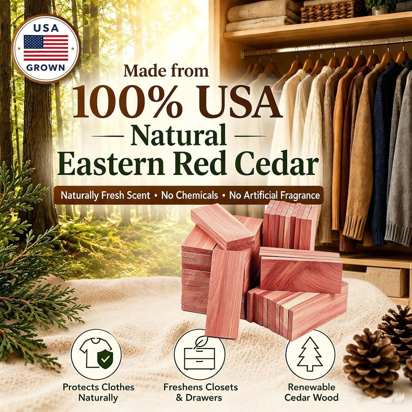 50 PCS Cedar Blocks for Clothes Storage,100% Natural Aromatic Cedar Blocks for Closet Storage,Wardrobe,Drawers,Shelves