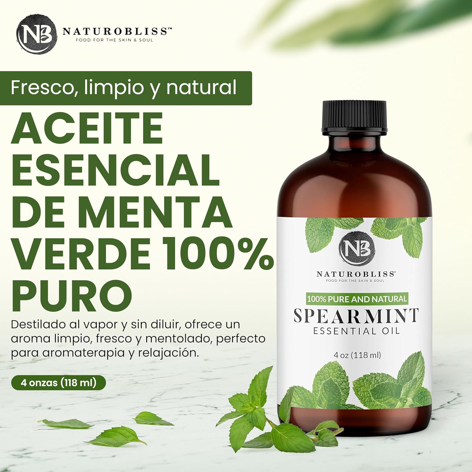 NaturoBliss Spearmint Essential Oil, 100% Pure and Natural Therapeutic Grade, Premium Quality Spearmint Oil, 4 fl. Oz - Perfect for Aromatherapy and Relaxation