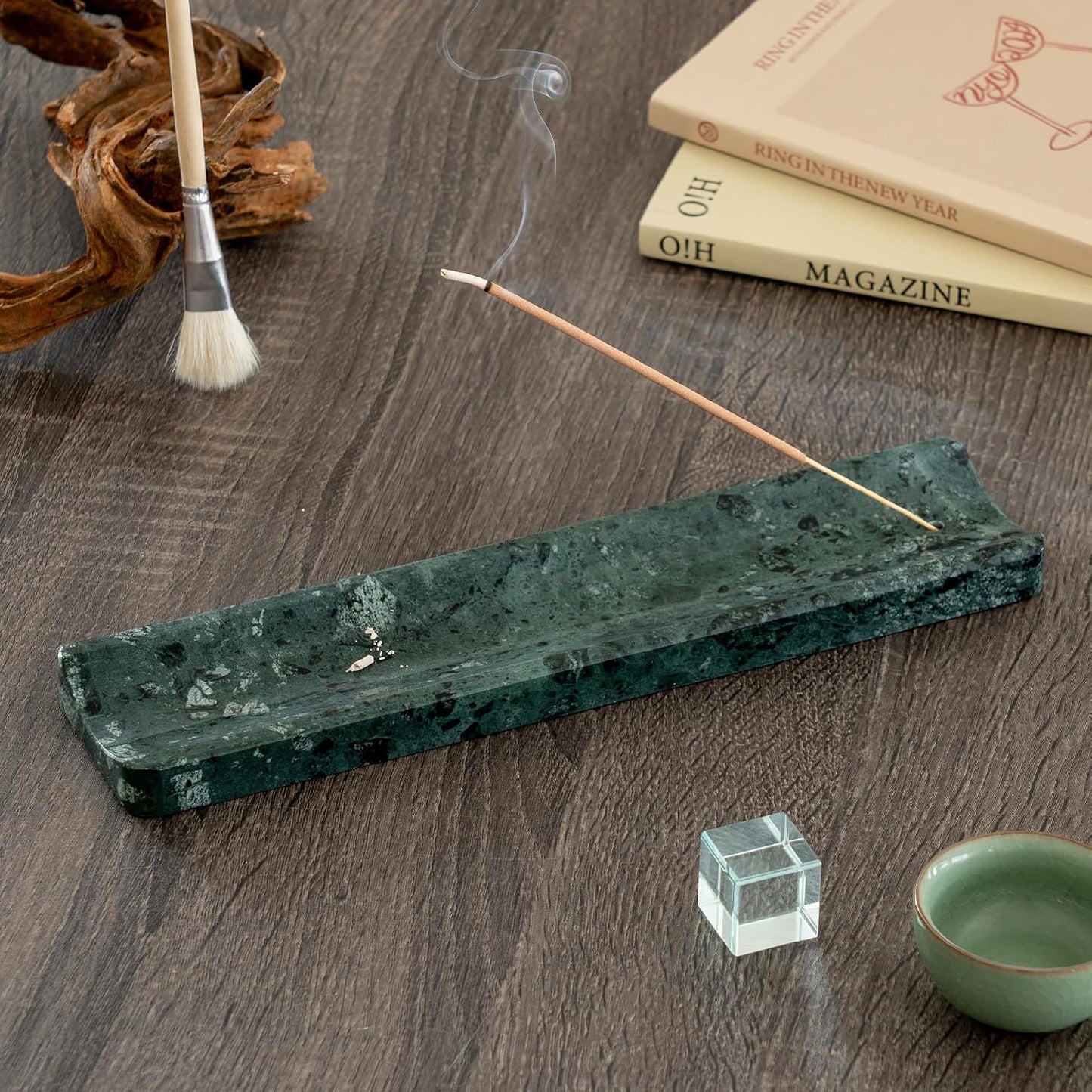 Marble Incense Holder Burner-Natural Stone Stick Incense Tray with Ash Catcher，20 Sticks & Brush - Elegant Decor for Meditation, Yoga, Home,Gift(Green)