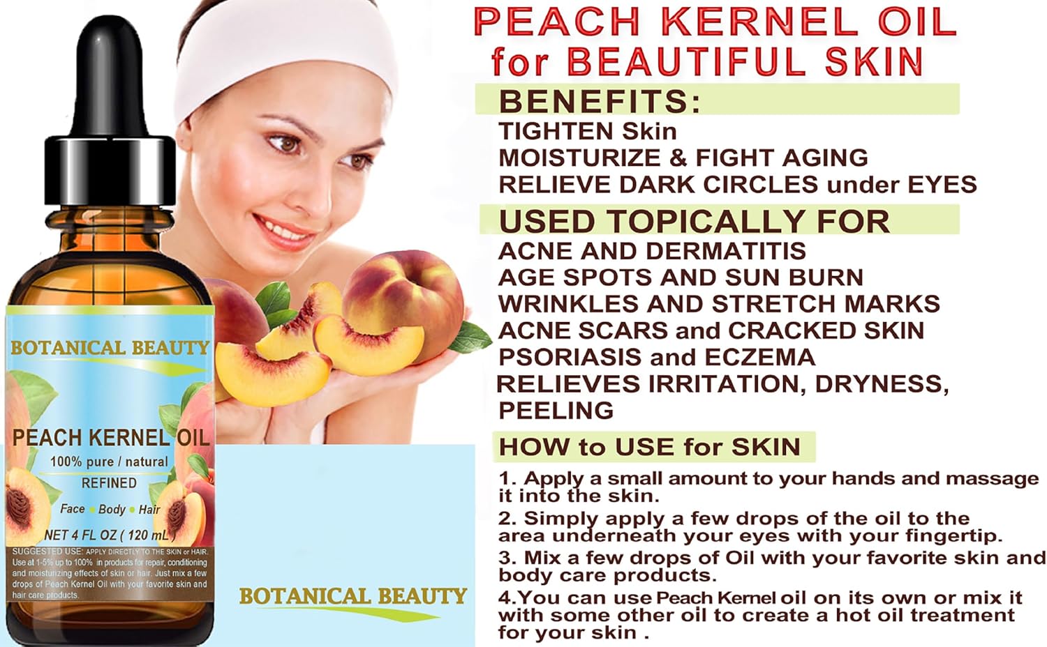 Botanical Beauty Peach Kernel Oil. 100% Pure Natural Undiluted Refined Cold Pressed Carrier Oil for Face, Skin, Hair, Massage, Lip, Nail Care. 4 Fl. oz-120 ml