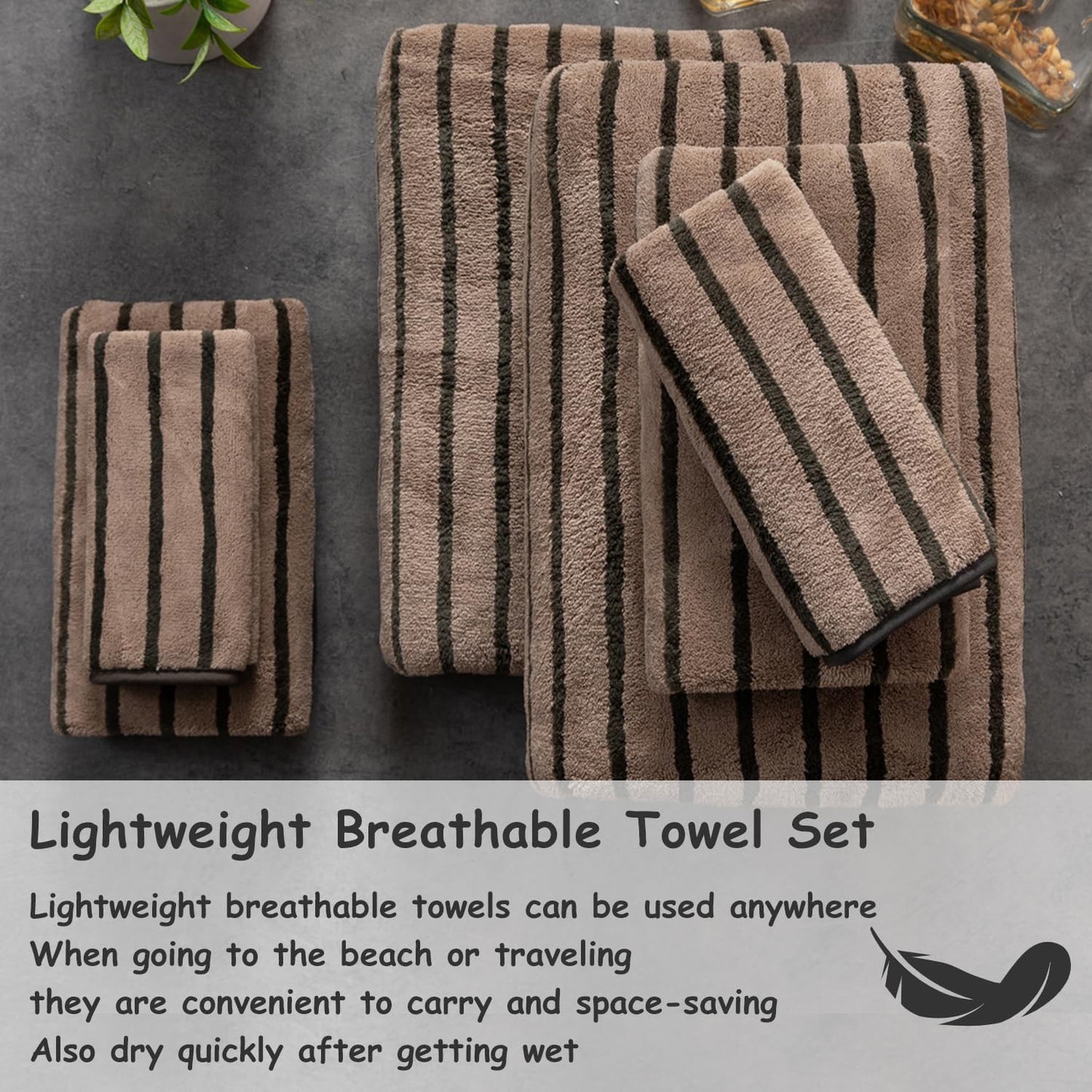 8 Pcs Polyester Brown Cabana Stripe Large Bath Towel Set-2 Bathroom Towels,2 Hand Towels,4 Washcloths Lightweight 600GMS Bath Sheet Absorbent Shower Towel Quick Dry Beach Chair Spa Gym Hotel Towels