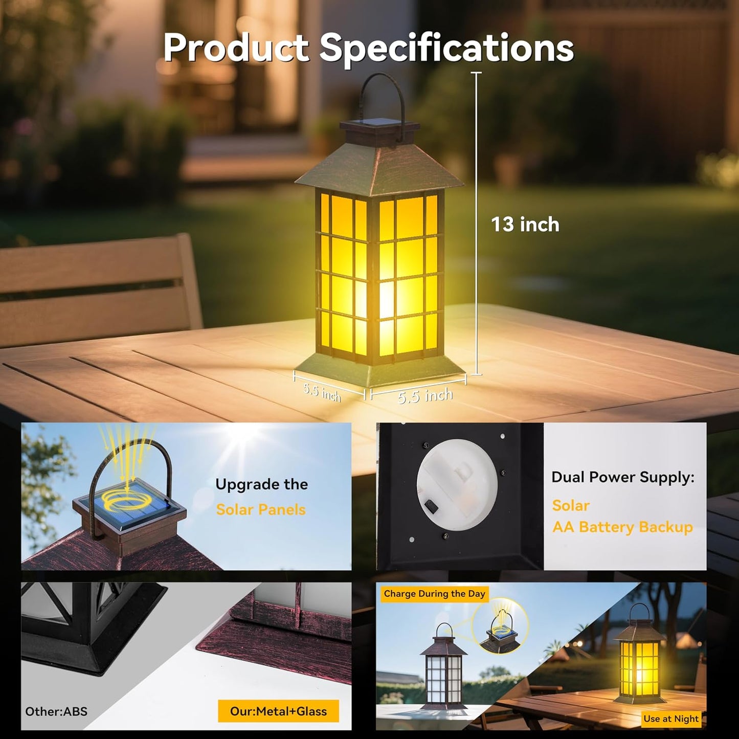 2 Pack 13" Copper Solar Lantern with Flickering Flame Candle | Outdoor Waterproof Hanging Solar Lanterns, Metal & Glass Lights for Garden Decoration, Rustic Gifts for Mom