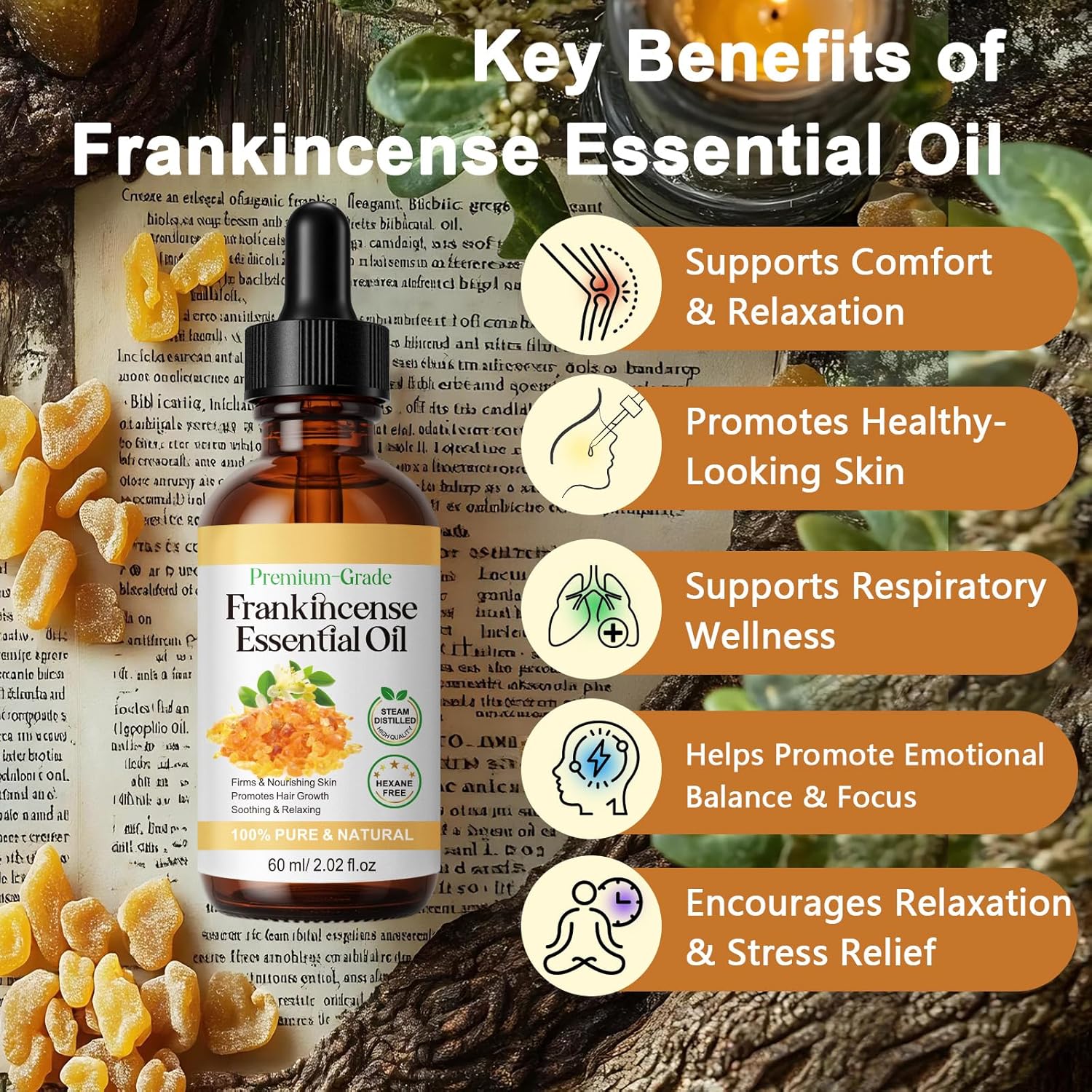 Frankincense Resin Oil for Face 2.02 fl.oz, Reduces Fine Lines & Wrinkles, Soothes Irritated Skin, Face Anti-Aging Anti-Wrinkles Hydrates Premium Frankincense Essential Oil, for All Skin Types