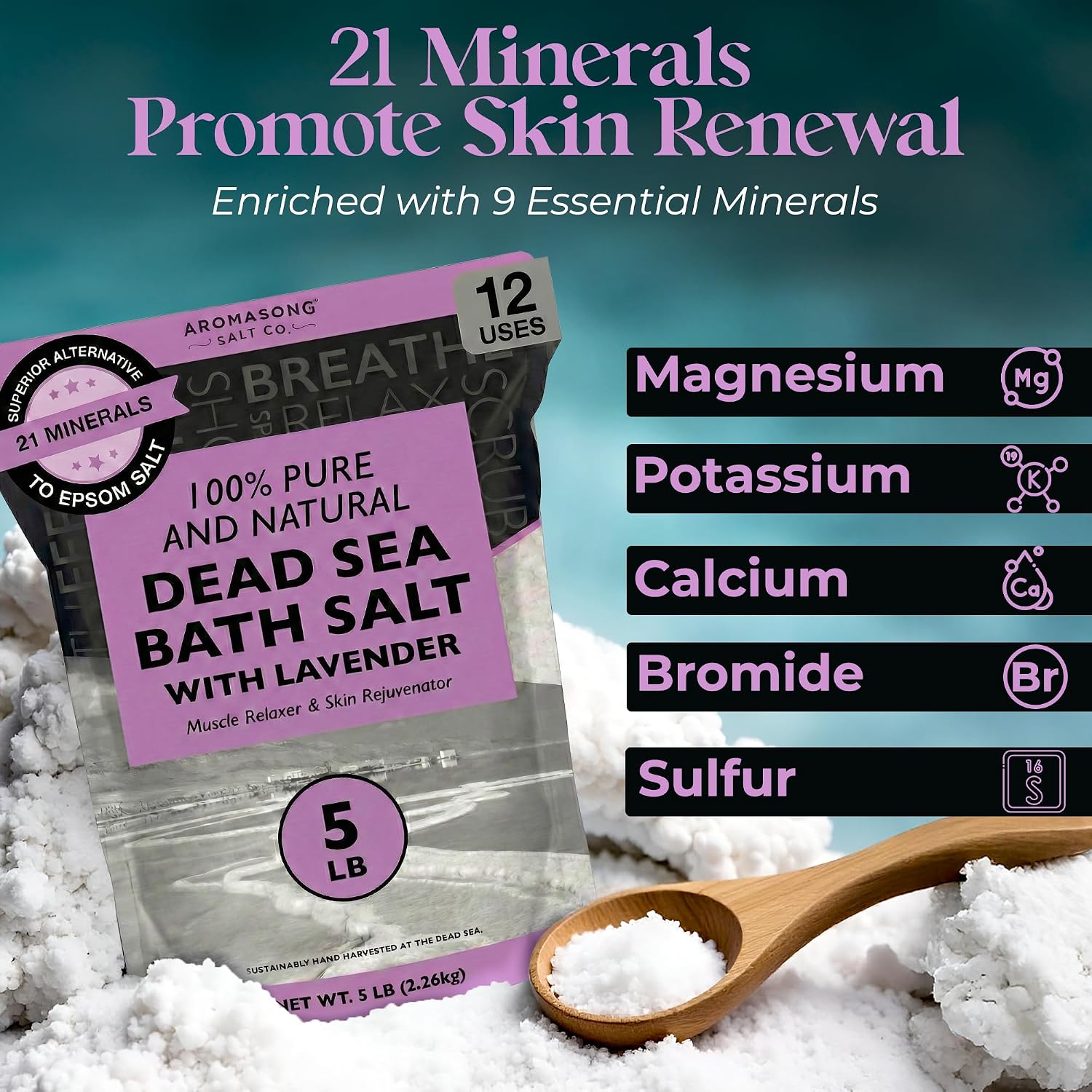 Aromasong Pure Dead Sea Salt for Soaking with 100% Natural Lavender, 5 LB - Spa Bath Salt Fine Grain - Body Wash Scrub - Soak for Women & Men- Bulk Resealable Pack (Packaging May Vary)
