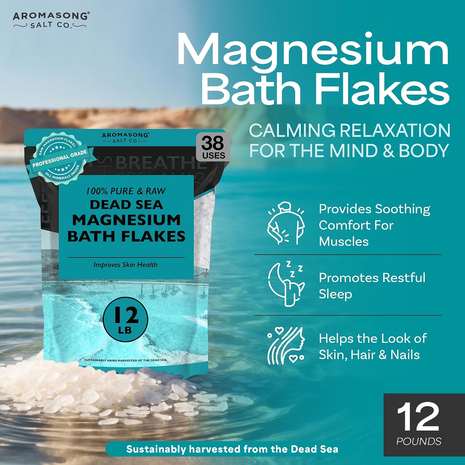Aromasong Dead Sea Magnesium Flakes for Bath - 16,325 Mg Magnesium Chloride per Bath - Superior Alternative to Epsom Salt - Used as Muscle & Foot Soak - 12 Lb Bulk Bag