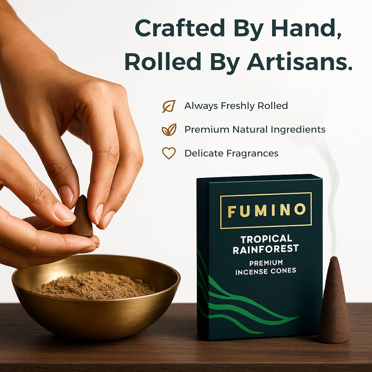 Fumino Simply Sandalwood Incense Cones 15 Pack - Handmade Natural Masala Incense Cones for Meditation & Home Fragrance, Low-Smoke Warm Woody Scent, Bureau Veritas Certified