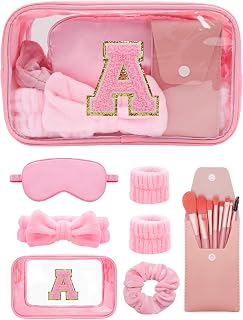 Gift Sets for Women, Initial Makeup Bag with Makeup Brush Set Bachelorette Party Favors, Pink Spa Kit with Skincare Headbands Wrist Bands Sleepover Party Supplies Gifts for Teen Girls Bridesmaid A