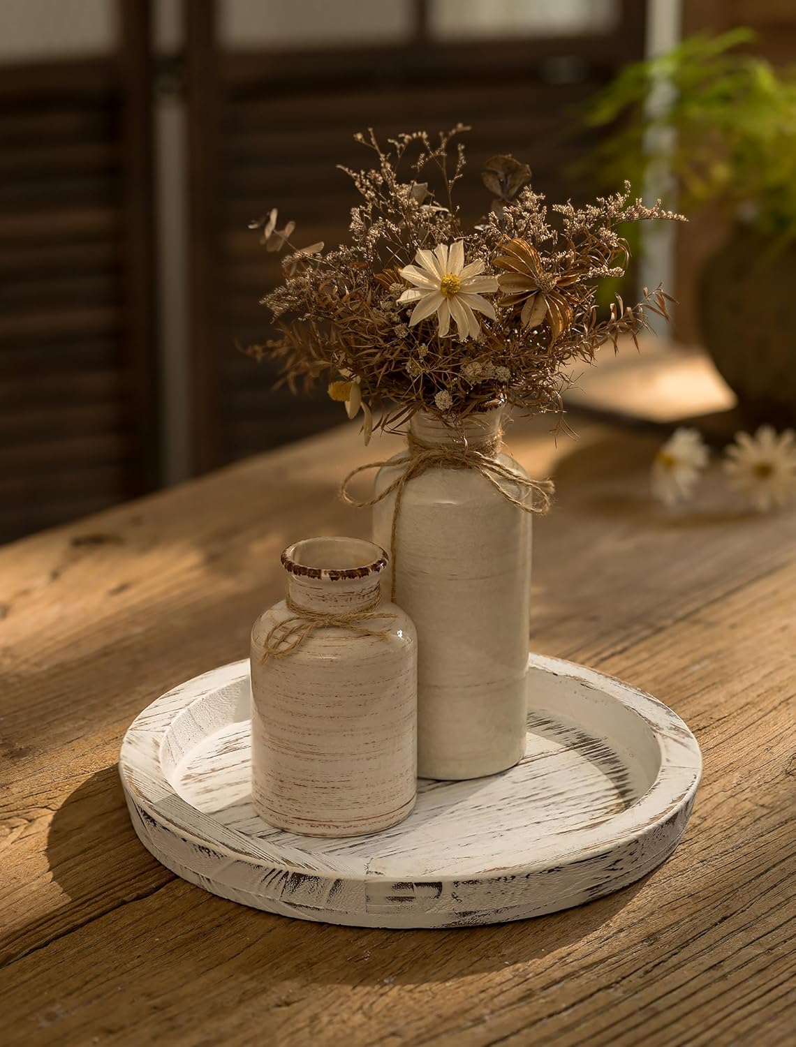 Hanobe Candle Plate Holder Tray: Round Wood Decorative Candle Plate - Rustic Farmhouse CoffeeTable Decor - Tealight Pillar Trays for Home Decor (White Rustic)