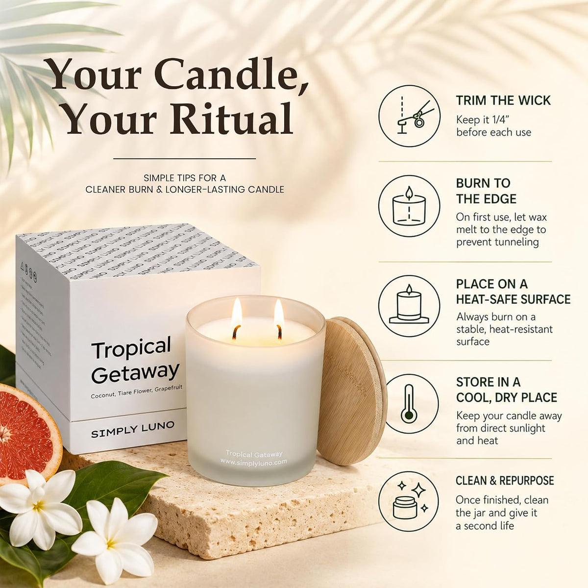 Tropical Getaway Coconut &amp; Grapefruit Scented Candle | 14oz Soy Wax | 50+ Hour Long Lasting Burn | Reusable Glass Candle Jar with Bamboo Lid &amp; Eco Friendly Gift Box |Luxury Scented Candle for Home
