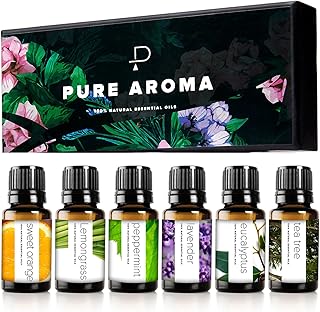 Essential Oils Set by Pure Aroma - Top 6 Aromatherapy Oils Gift Set-6 Pack, 10ml (Eucalyptus, Lavender, Lemongrass, Sweet Orange, Peppermint, Tea Tree)