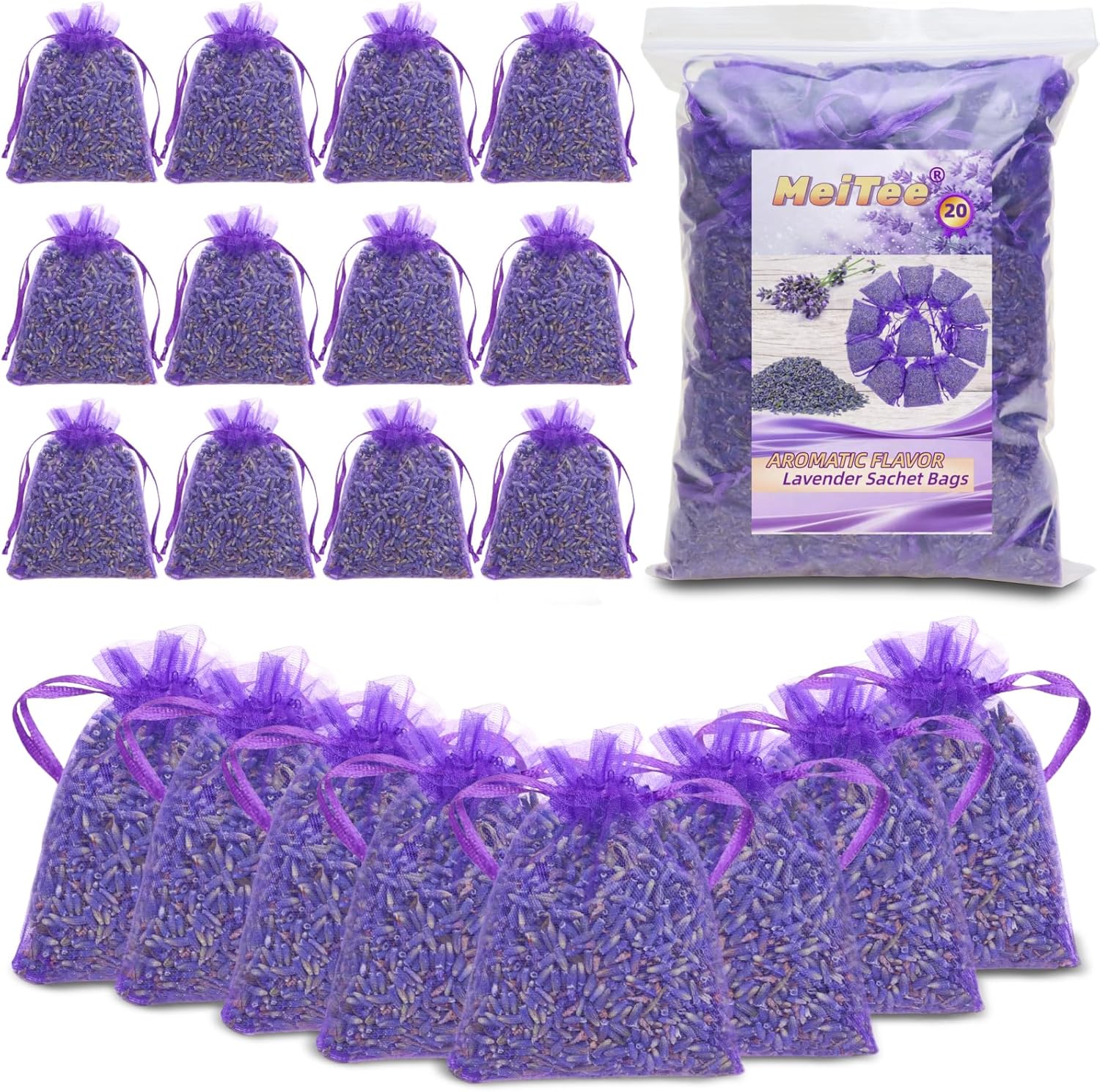 20 Pack Lavender Sachet Bags - 100% Natural Dried Lavender Buds for Closets Drawers Car & Home | French Potpourri Fragrance Sachets Rich Aroma Air Long Lasting Fresh Scents