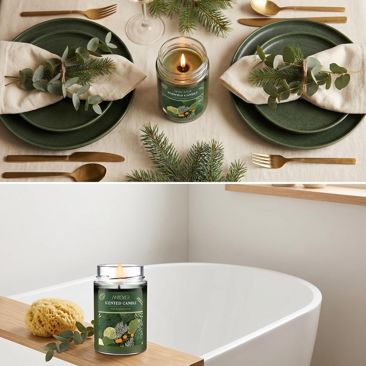Scented Soy Candle, Aromatherapy Jar Candles for Home Scented, Long Lasting with 70 Hour Burn Time 11oz, Gifts, Soy Candles Scents of (Pine & Eucalyptus)