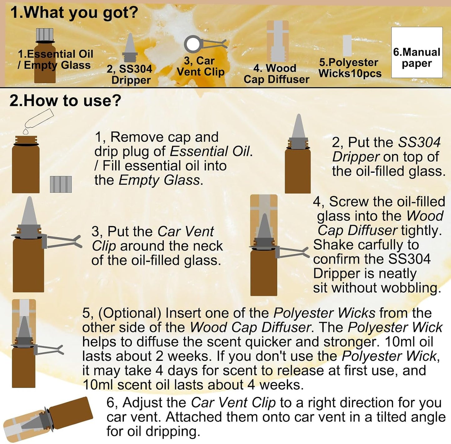 Refillable Lemon Car Scent 30 Days’ Odor Fighting Non-toxic Strong Natural Fresh Fragrance, Vent Clip Wood Diffuser & Pure Essential Oils Auto Air Freshener (1x Beech Diffuser + 10ml Oil)