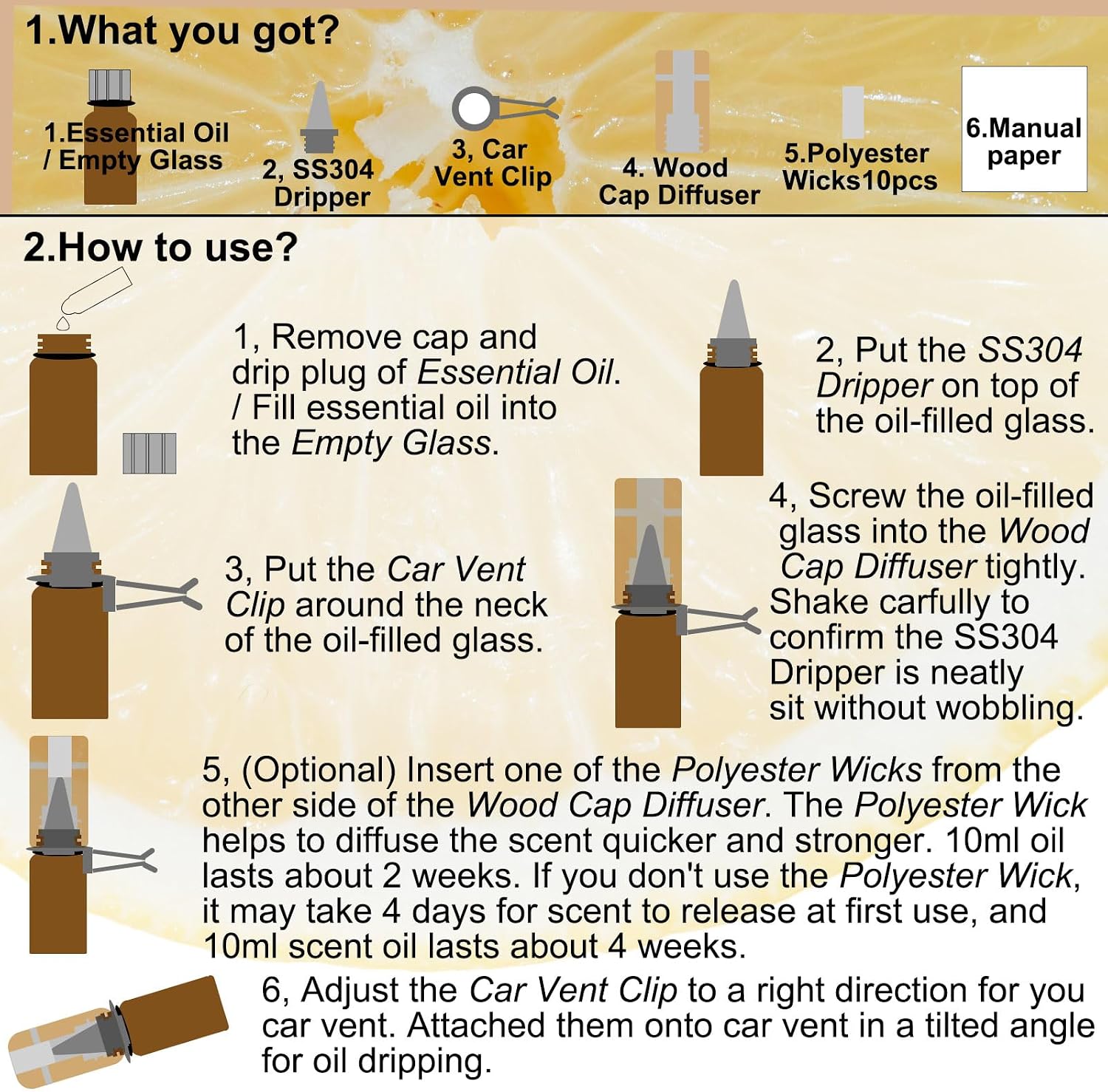Refillable Lemon Car Scent 30 Days’ Odor Fighting Non-toxic Strong Natural Fresh Fragrance, Vent Clip Wood Diffuser & Pure Essential Oils Auto Air Freshener (1x Beech Diffuser + 10ml Oil)