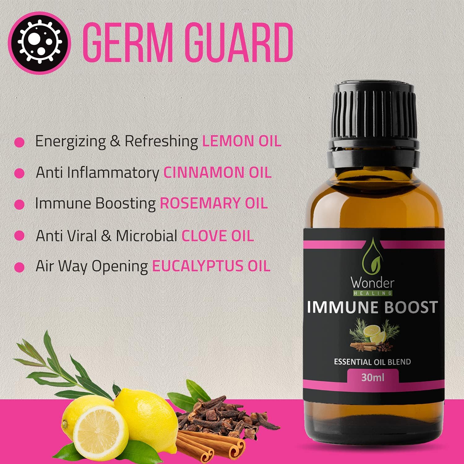 Immune Boost (comparable to Thieves Oil) 100% Natural Essential Oil Blend Clove, Cinnamon, Lemon, Rosemary & Eucalyptus, (30 ml)