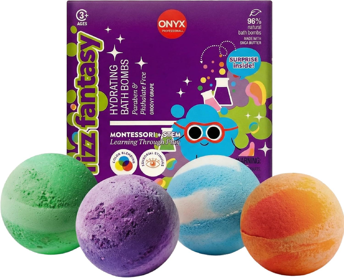 ONYX Professional Fizz Fantasy Bath Bomb for Kids, Groovy Grape Scented | Natural Kids Bath Bombs with Surprise Toy or Tattoo | Montessori & STEM Inspired Bath Play, 4 Count