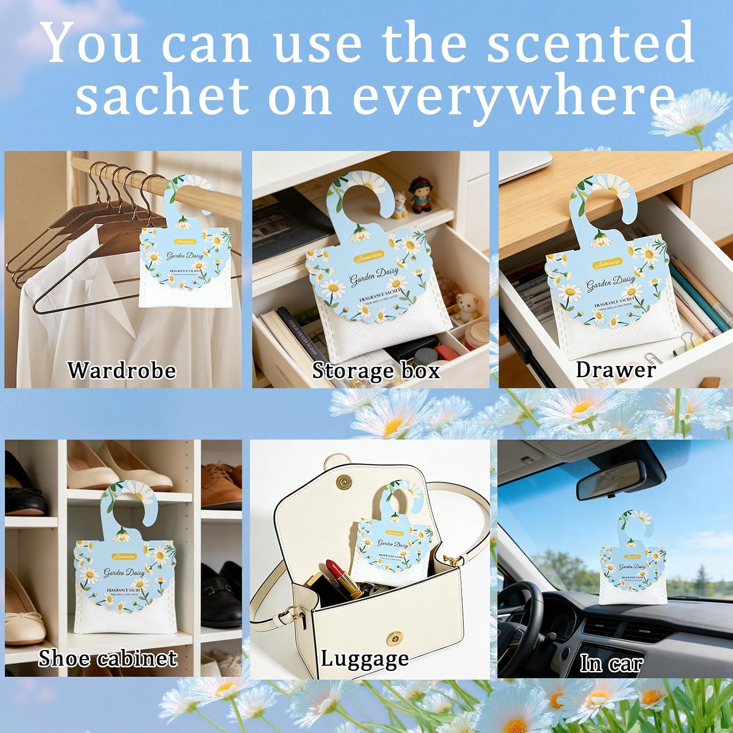 15 Packs Scented Sachets Bag for Drawers and Closets, Air Freshener for Home Fragrance Sachet, Long-Lasting Hanging Closet Deodorizer Smell Goods for House (Garden Daisy)