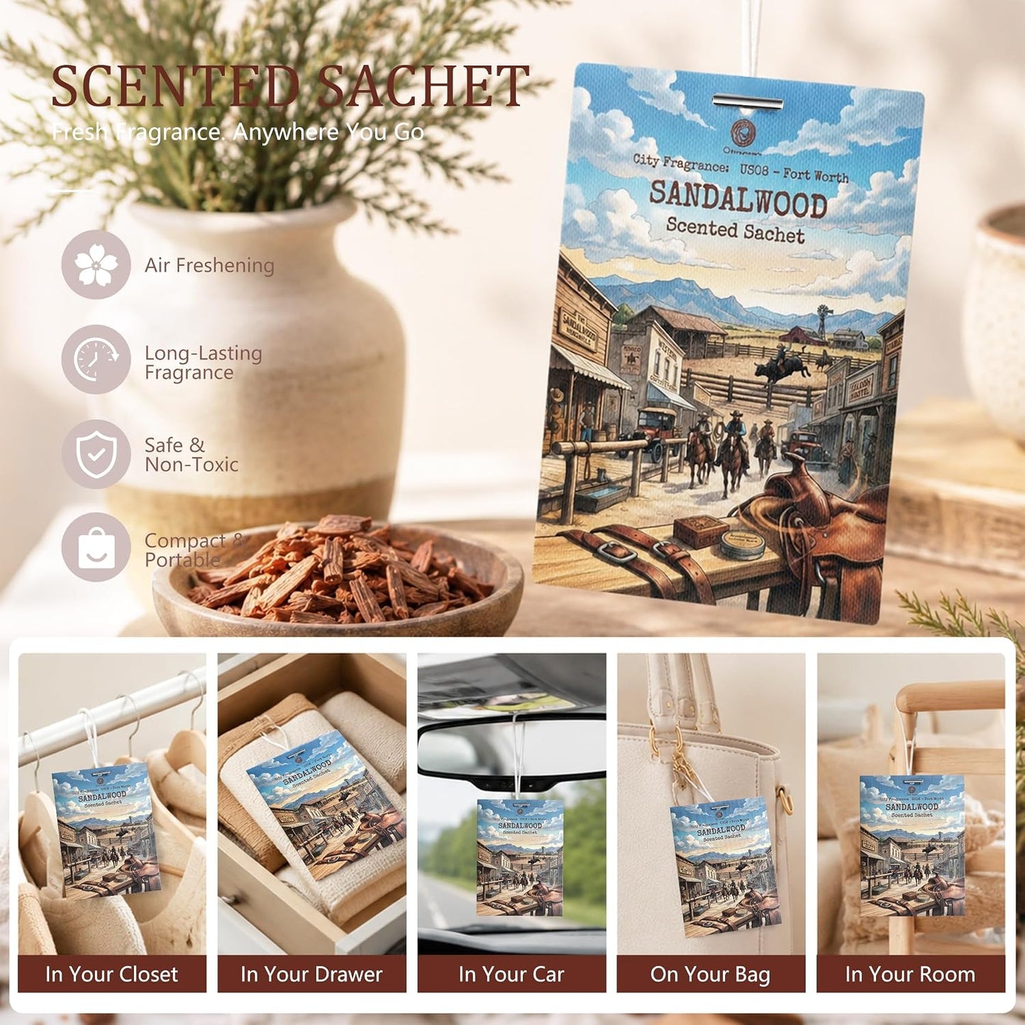 US08-Fort Worth Sandalwood Sachets for Drawers, Closets & Cars, 12 Pack | Car Air Freshener sachets with Fort Worth Sandalwood scent. Freshens closets, drawers, cars and small spaces.