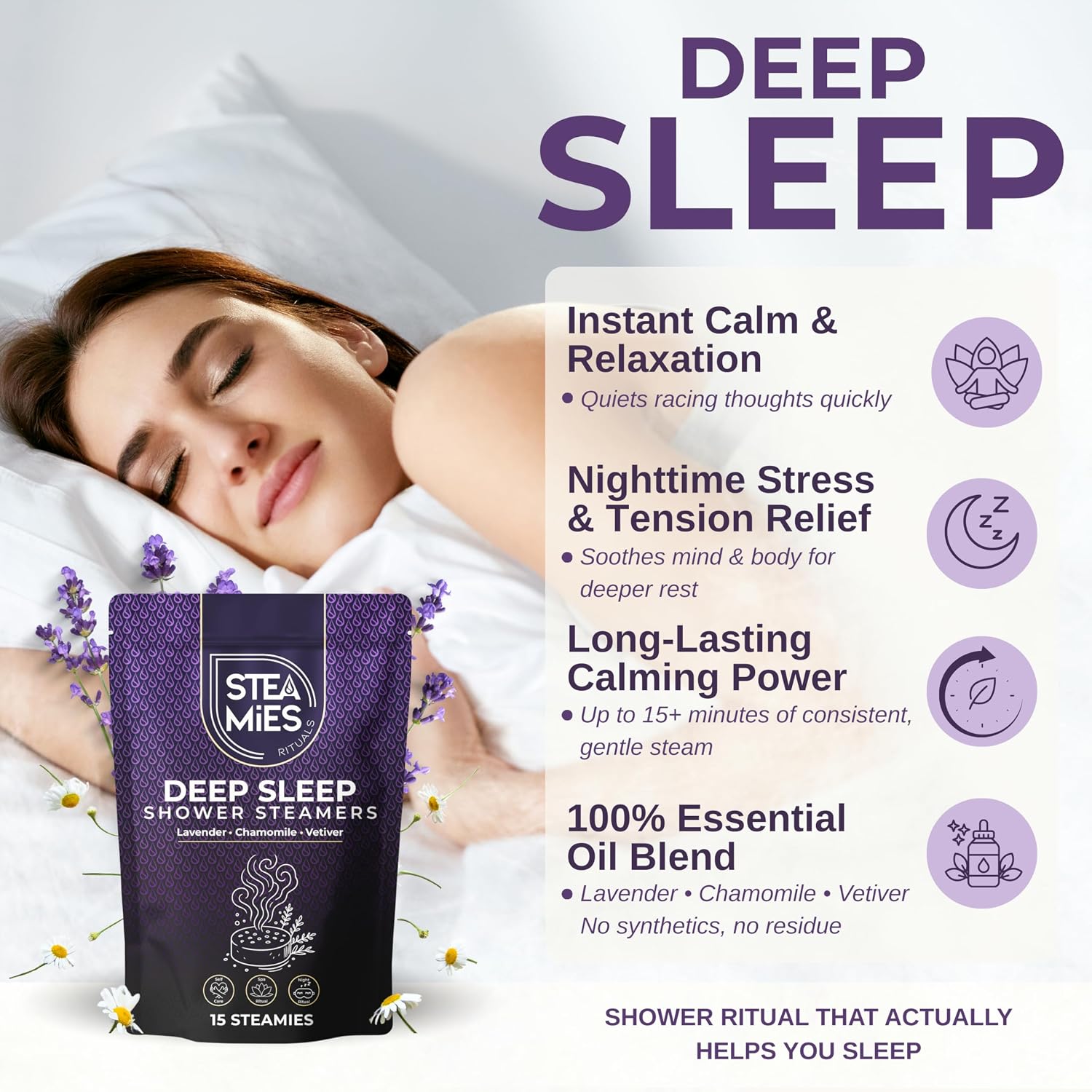 STEAMIES Lavender Shower Steamers Aromatherapy Deep Sleep 15 Pack – Premium Shower Bombs with Chamomile & Vetiver 100% Essential Oils, Shower Tablets for Sleep, Relaxation & Stress Relief